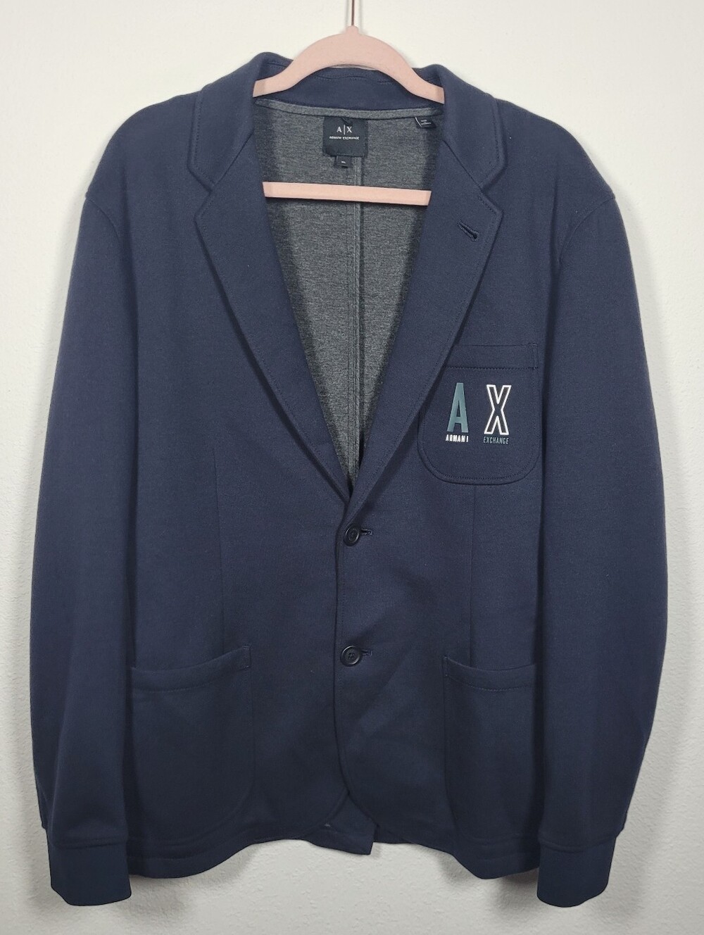 Armani Exchange Mens XL Navy Blue Knit Blazer Jacket Logo Chest Patch Preppy
